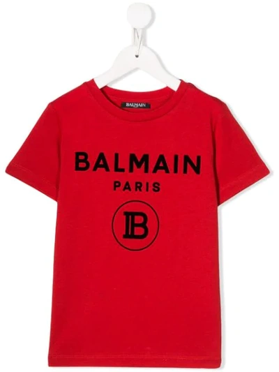 Shop Balmain Flocked Logo T-shirt In Red