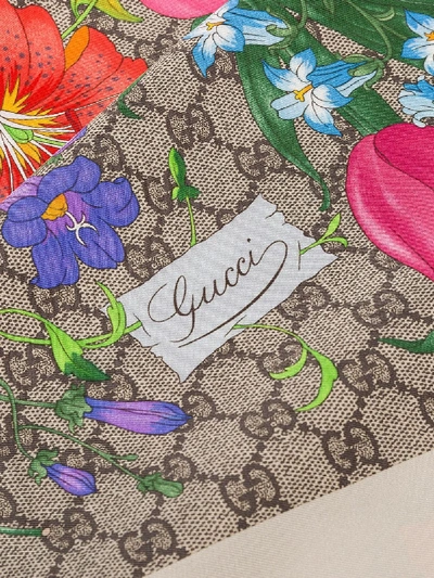 Shop Gucci Multicoloured Flora Silk Scarf In Neutrals