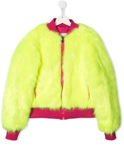 Shop Alberta Ferretti Teen Faux-fur Bomber Jacket In Yellow