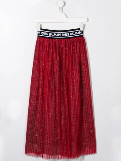 Shop Balmain Glitter Pleated Skirt In Red