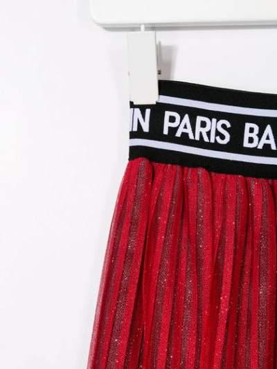 Shop Balmain Glitter Pleated Skirt In Red