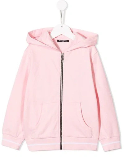 Shop Balmain Logo Hoodie Jacket In Pink