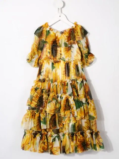 Shop Dolce & Gabbana Sunflower-print Ruffled Long Dress In Yellow