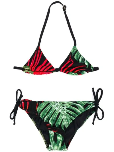 Shop Mc2 Saint Barth Leaf Print Bikini Set In Black
