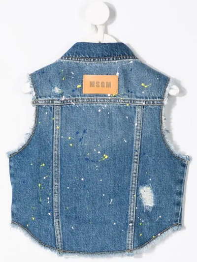 Shop Msgm Paint Splatter Denim Gilet In Blue