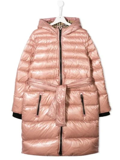 Shop Burberry Teen Belted Down Coat In Pink