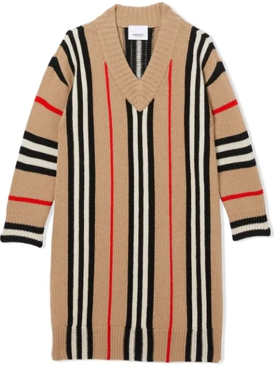 Shop Burberry Knitted Check Dress In Neutrals