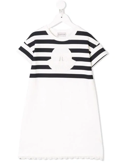 Shop Moncler Striped Logo Patch Dress In White