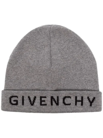 Shop Givenchy Logo Rim Beanie Hat In Grey