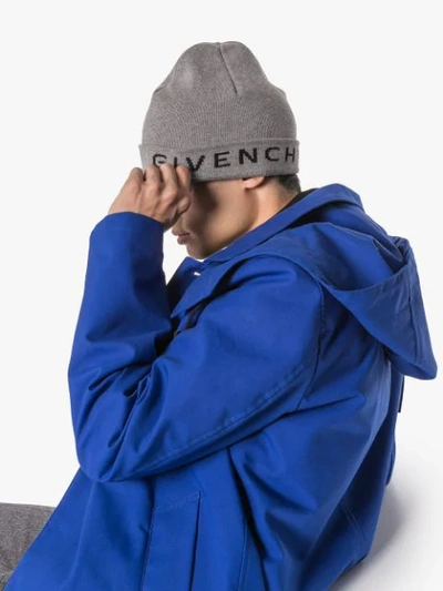 Shop Givenchy Logo Rim Beanie Hat In Grey