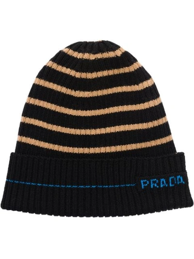 Shop Prada Striped Knitted Beanie In Black