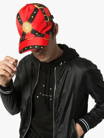 Shop Versace Bondage Print Cap In Red