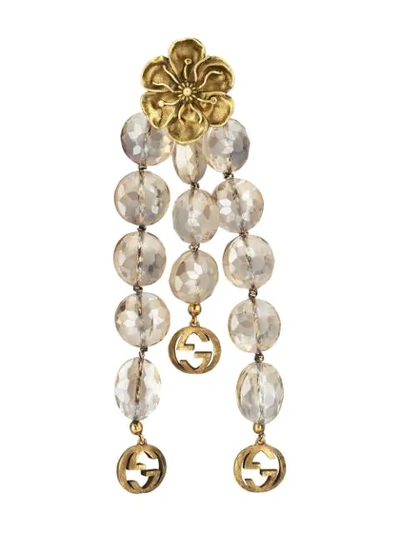 Shop Gucci Floral Detail Beaded Drop Earrings In Gold