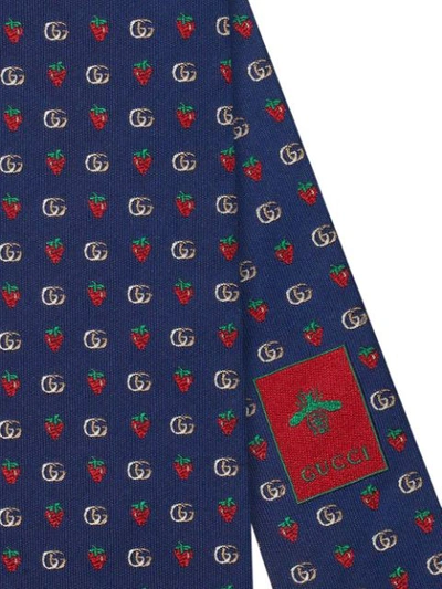 Shop Gucci Double G Strawberry Tie In Blue