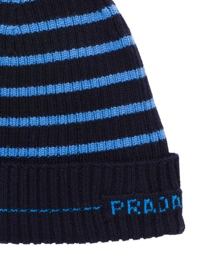 Shop Prada Striped Knitted Beanie Hat In Blue