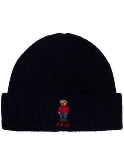 Shop Polo Ralph Lauren Embroidered Bear Logo Beanie Hat In Blue