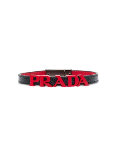 Shop Prada Lettering Logo Bracelet In Black