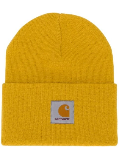 Shop Carhartt Logo Patch Beanie In Yellow
