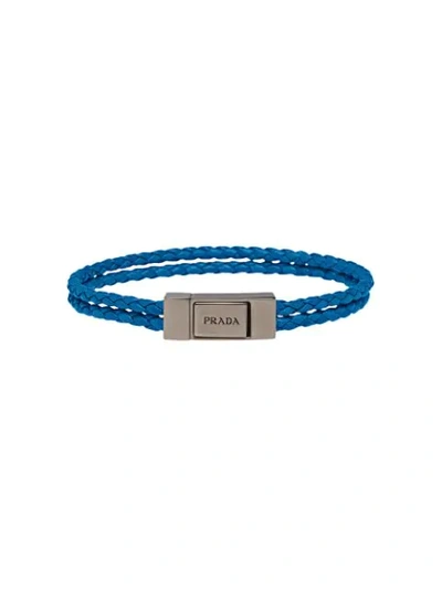 Shop Prada Braided Logo Bracelet In Blue