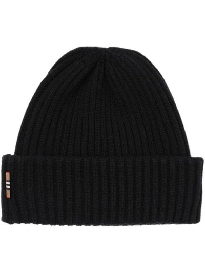 Shop Burberry Icon Stripe Rib Knit Beanie In Black