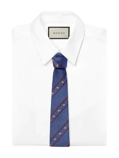 Shop Gucci Bee Web Silk Tie In Blue