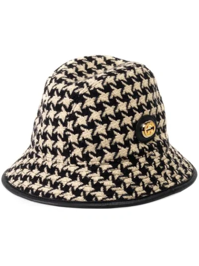 Shop Gucci Houndstooth Fedora Hat In Black