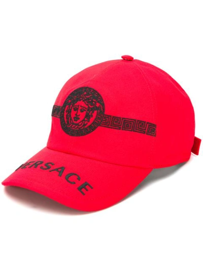 Shop Versace Embroidered Medusa Baseball Cap In Red