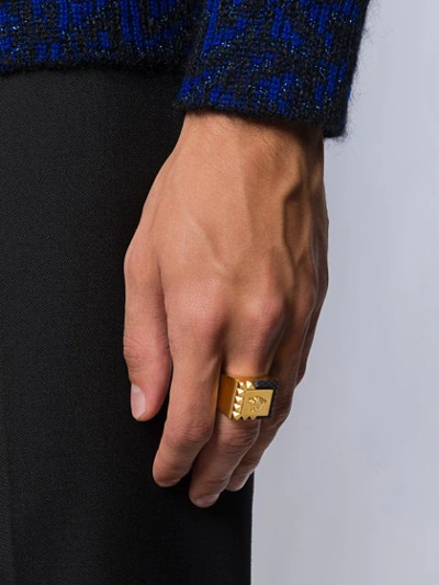 Shop Versace Leather Detail Logo Ring In Gold