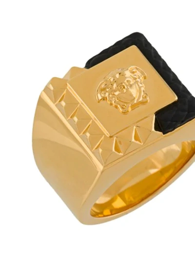 Shop Versace Leather Detail Logo Ring In Gold