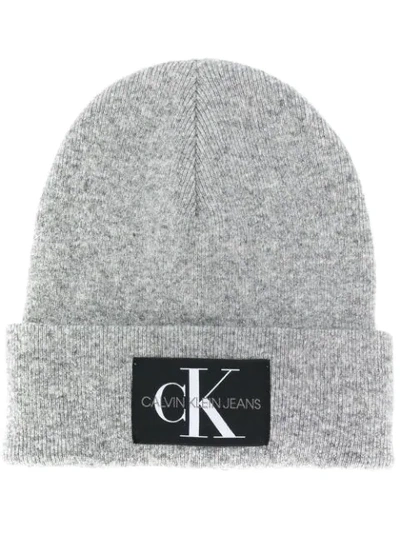 Shop Calvin Klein Logo Patch Beanie In Grey