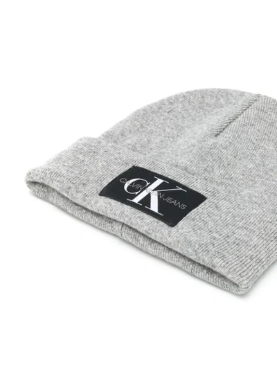 Shop Calvin Klein Logo Patch Beanie In Grey