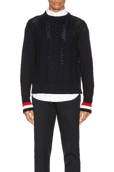 Shop Thom Browne Classic Aran Cable Pullover In Navy