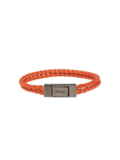 Shop Prada Braided Logo Bracelet In Orange