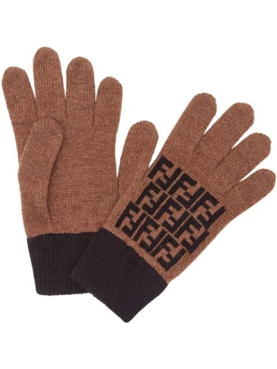 Shop Fendi Ff Motif Gloves In Brown