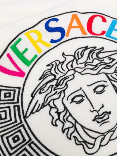 Shop Versace Embroidered Medusa Fringed Scarf In White