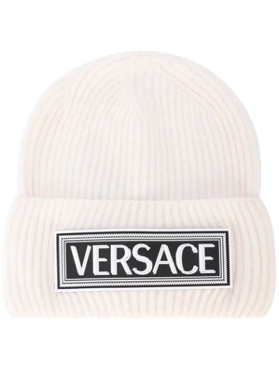 Shop Versace Logo Patch Beanie In White