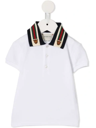 Shop Gucci Tiger Embroidered Collar Polo Shirt In White