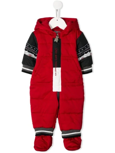 Shop Lapin House Hooded Contrasting-sleeves Pramsuit In Red