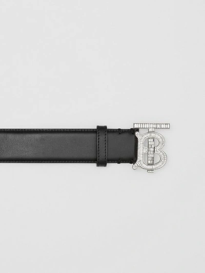 Shop Burberry Crystal Monogram Motif Leather Belt In Black/palladium