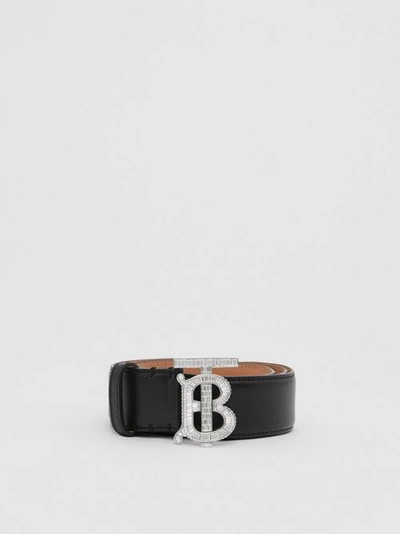 Shop Burberry Crystal Monogram Motif Leather Belt In Black/palladium