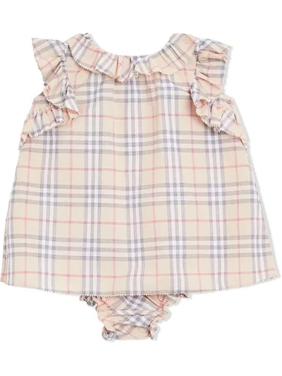 Shop Burberry Ruffle Trim Checked Two-piece Set In Neutrals