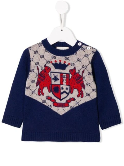 Shop Gucci Coat Of Arms Intarsia Sweater In Blue