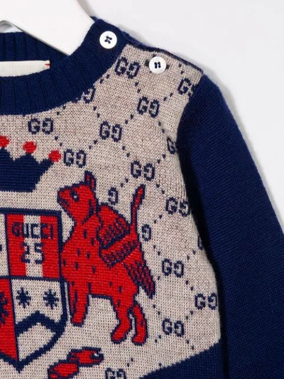 Shop Gucci Coat Of Arms Intarsia Sweater In Blue