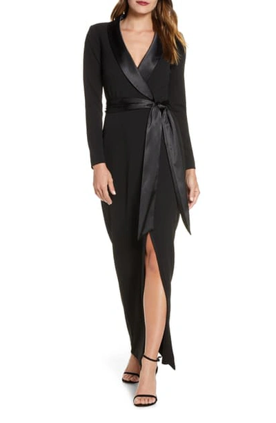 Shop Eliza J Tuxedo Faux Wrap Long Sleeve Gown In Black