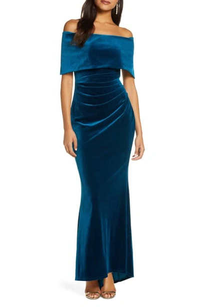 Vince Camuto Off The Shoulder Velvet Trumpet Gown In Peacock | ModeSens
