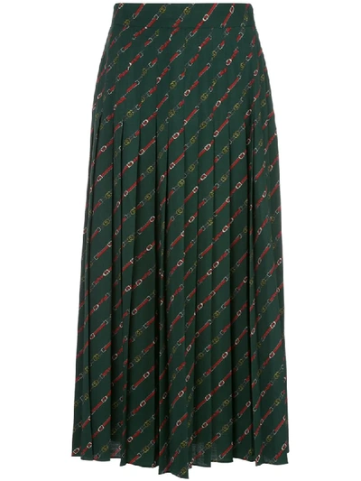 Shop Gucci Gg Horsebit Print Pleated Skirt In Green