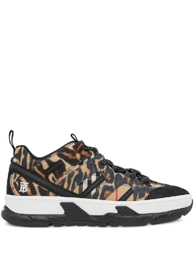 Shop Burberry Leopard Print Union Sneakers In Brown