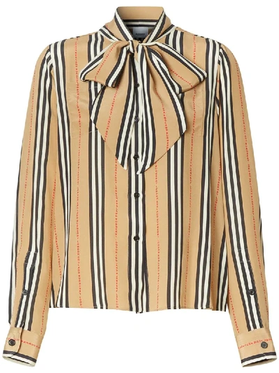 Shop Burberry Icon Stripe Pussy-bow Blouse In Neutrals