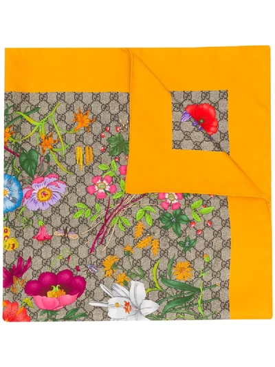 Shop Gucci Flora Print Silk Scarf In Neutrals