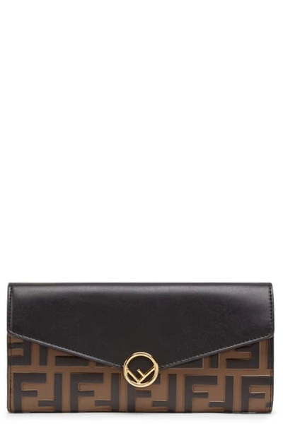 Shop Fendi Logo Calfskin Leather Continental Wallet In Nero/ Maya
